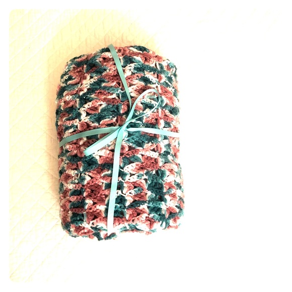 Handmade Crocheted Teal and Pink Blanket - Picture 2 of 7